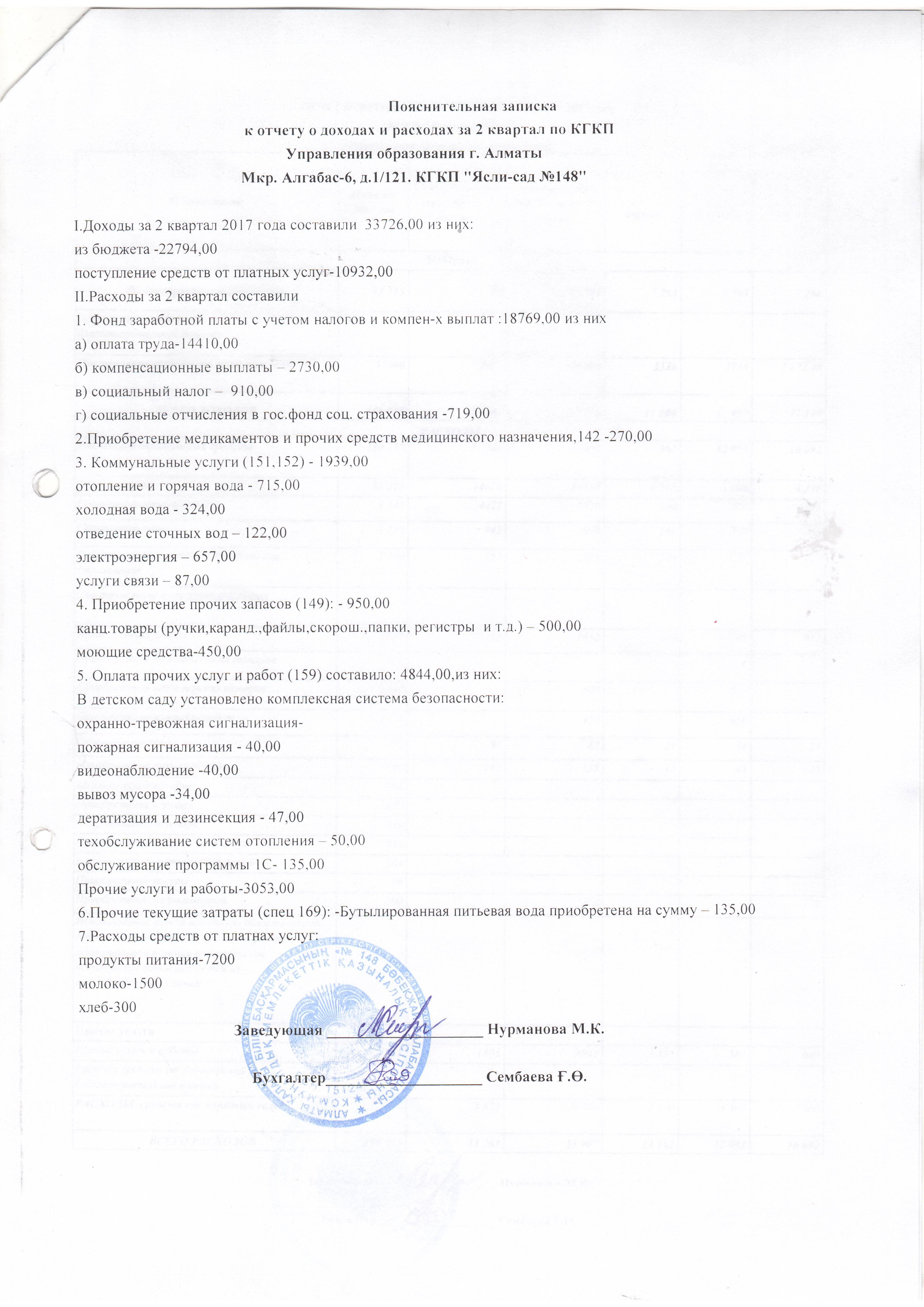 Отчет о доходах и расходах за 2 квартал 2017 года